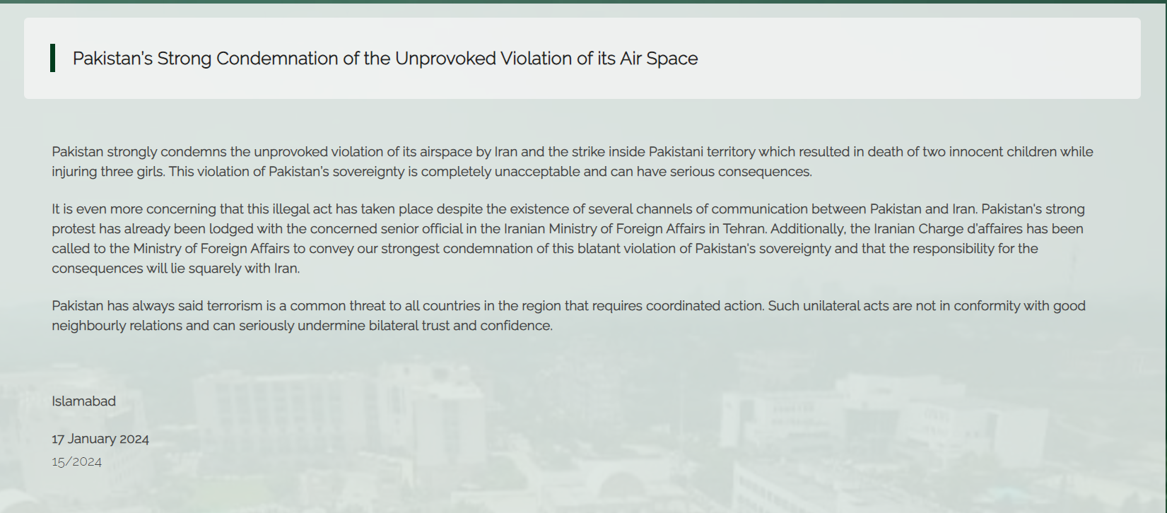 Pakistan Slams Iran
